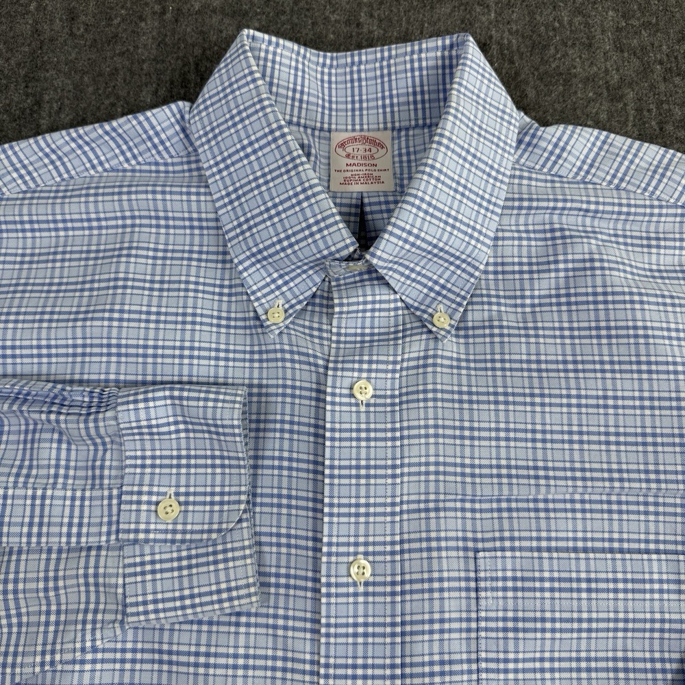 Brooks Brothers Madison Men's 17 34 Non Iron Supima Cotton Blue Plaid Shirt